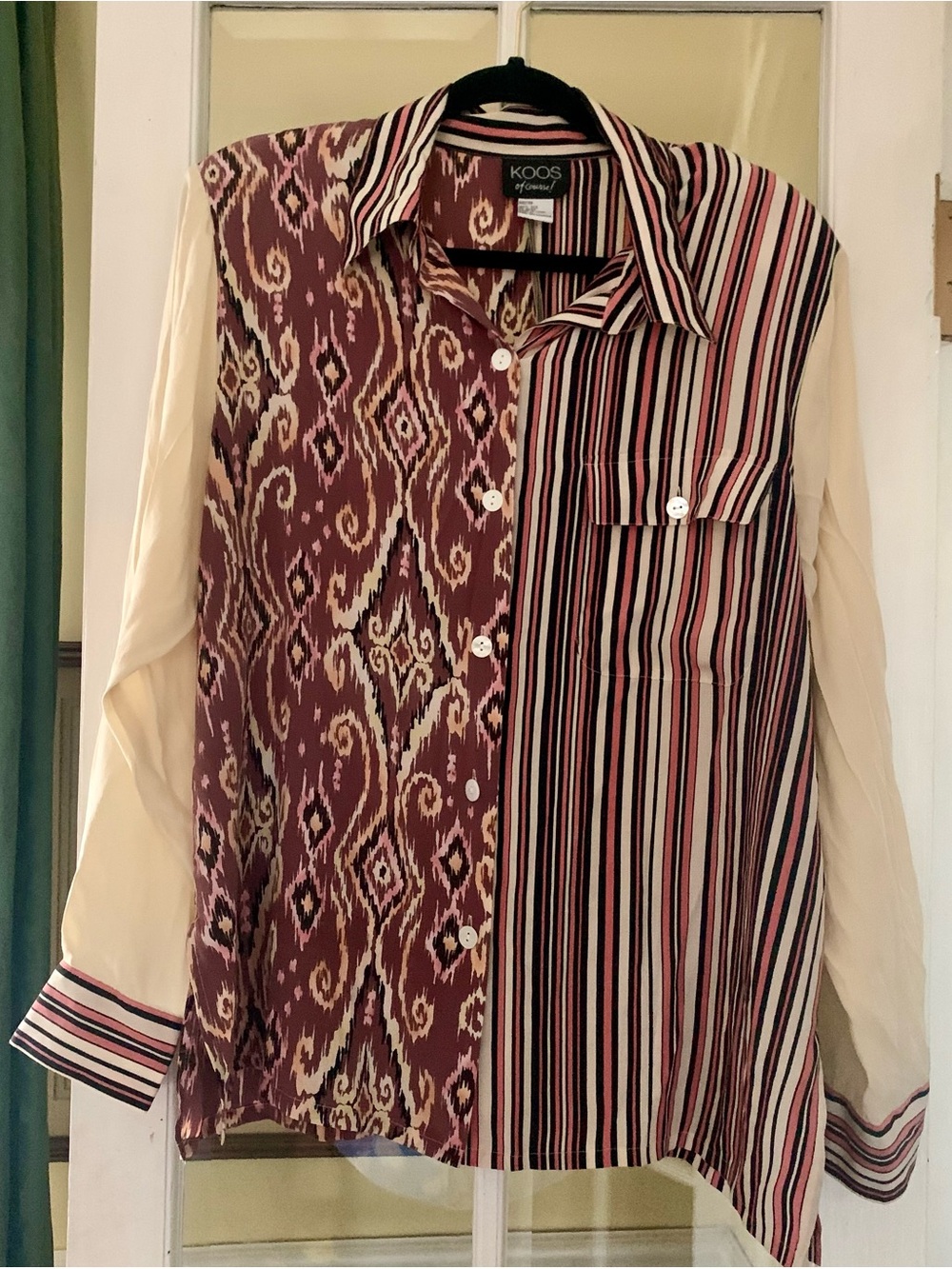 KOOS Of Course! Wearable Art Silk Mixed Media Button Up Blouse